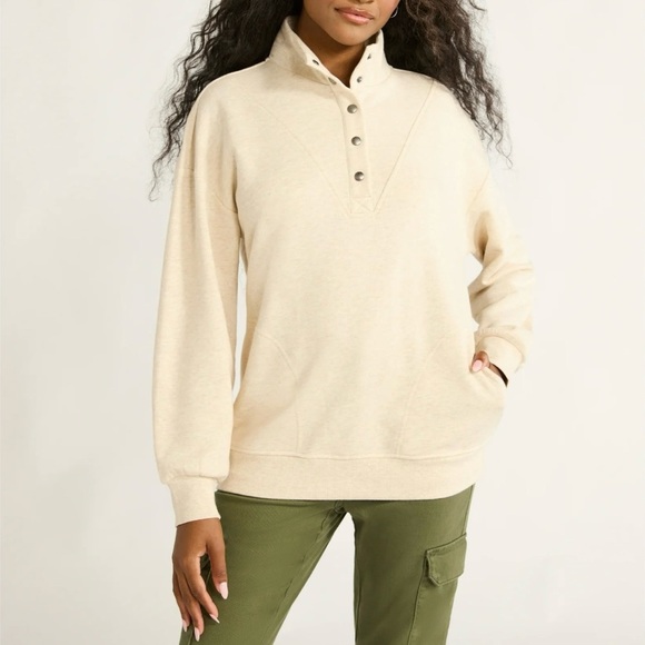 None Sweaters - Mock Neck Henley Creme Beige Tan Button-Up Pullover Sweatshirt Size M NWT